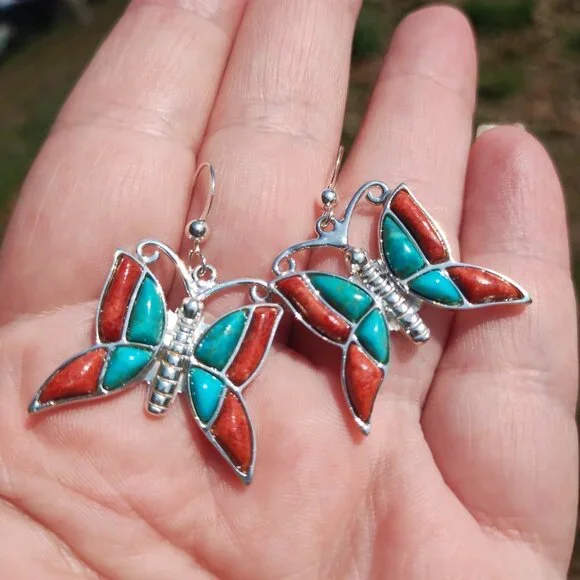 Jay King DTR Butterfly Turquoise coral earrings 925 Sterling Silver  Very cute - Picture 3 of 10